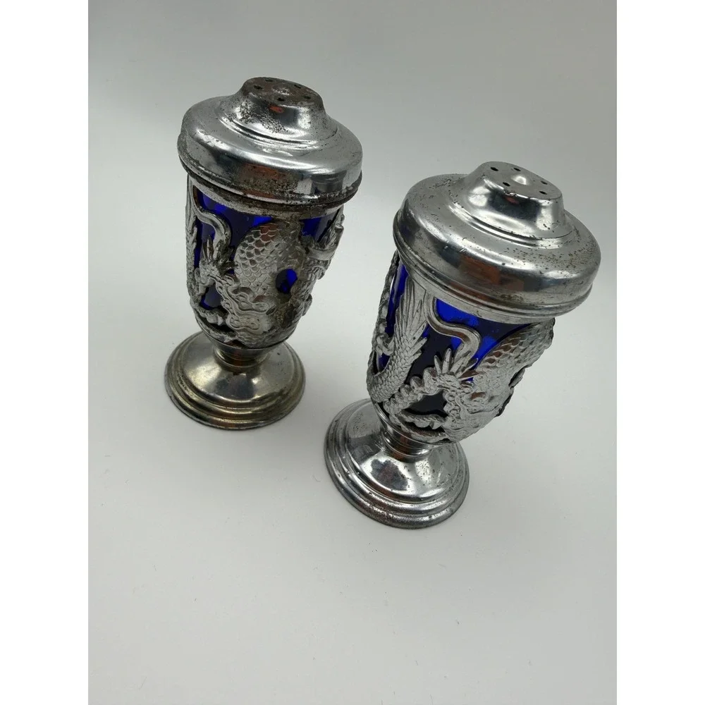 Vintage 1950s Japanese Dragon Salt Pepper Shaker Set Silver Cobalt Blue Glass